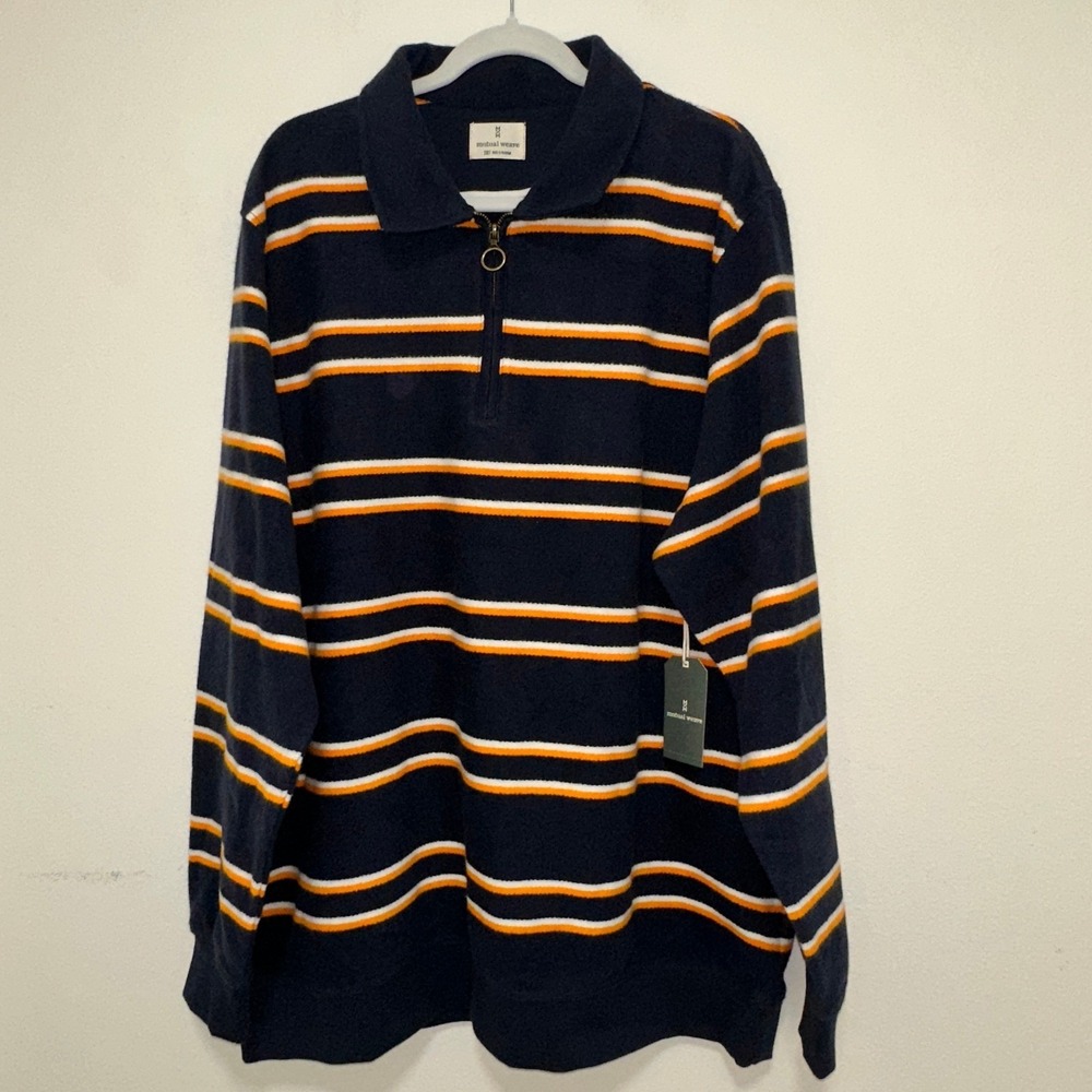 Mutual Weave Quarter Zip Pullover Mens‎ 2XL Regular Navy Stripe NEW Fleece